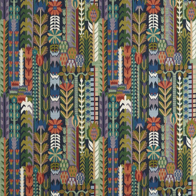 Dense forest green woven fabric with heather, rust and cream botanical geometric bands