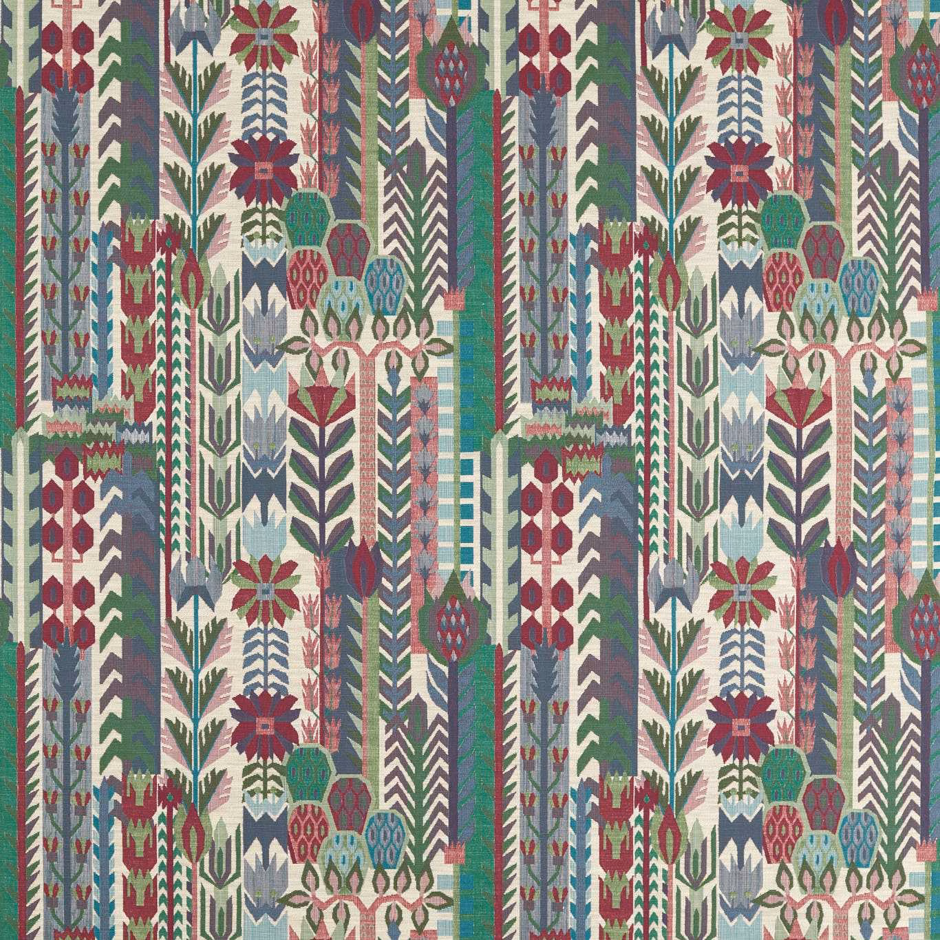 Indigo and maroon woven fabric with repeating botanical flowers, leaves and geometric stripes