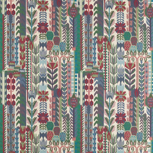 Indigo and maroon woven fabric with repeating botanical flowers, leaves and geometric stripes