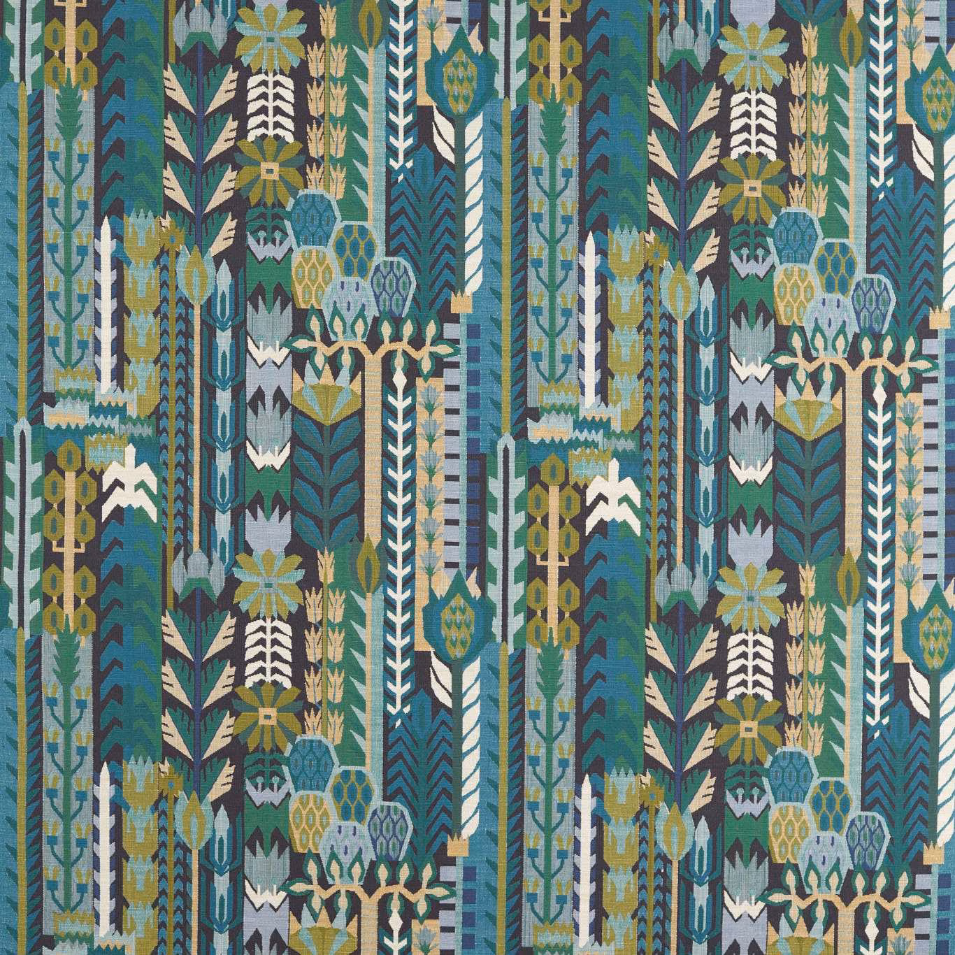 Midnight and pine woven textile with teal, ochre and cream botanical columns