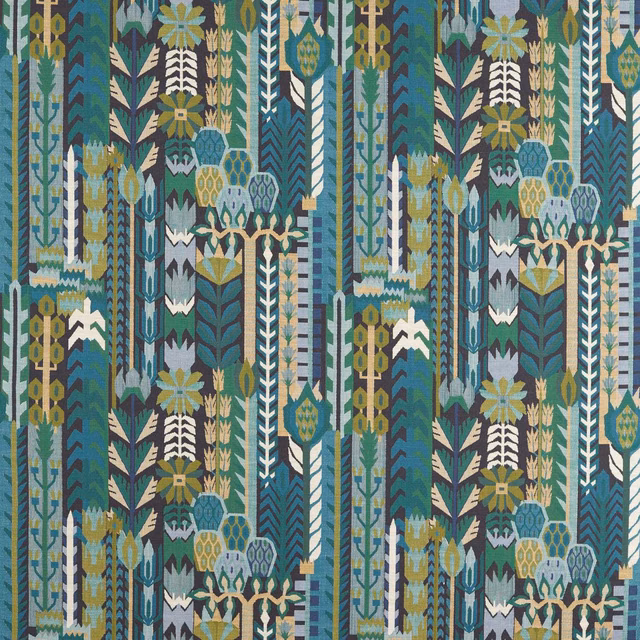 Midnight and pine woven textile with teal, ochre and cream botanical columns