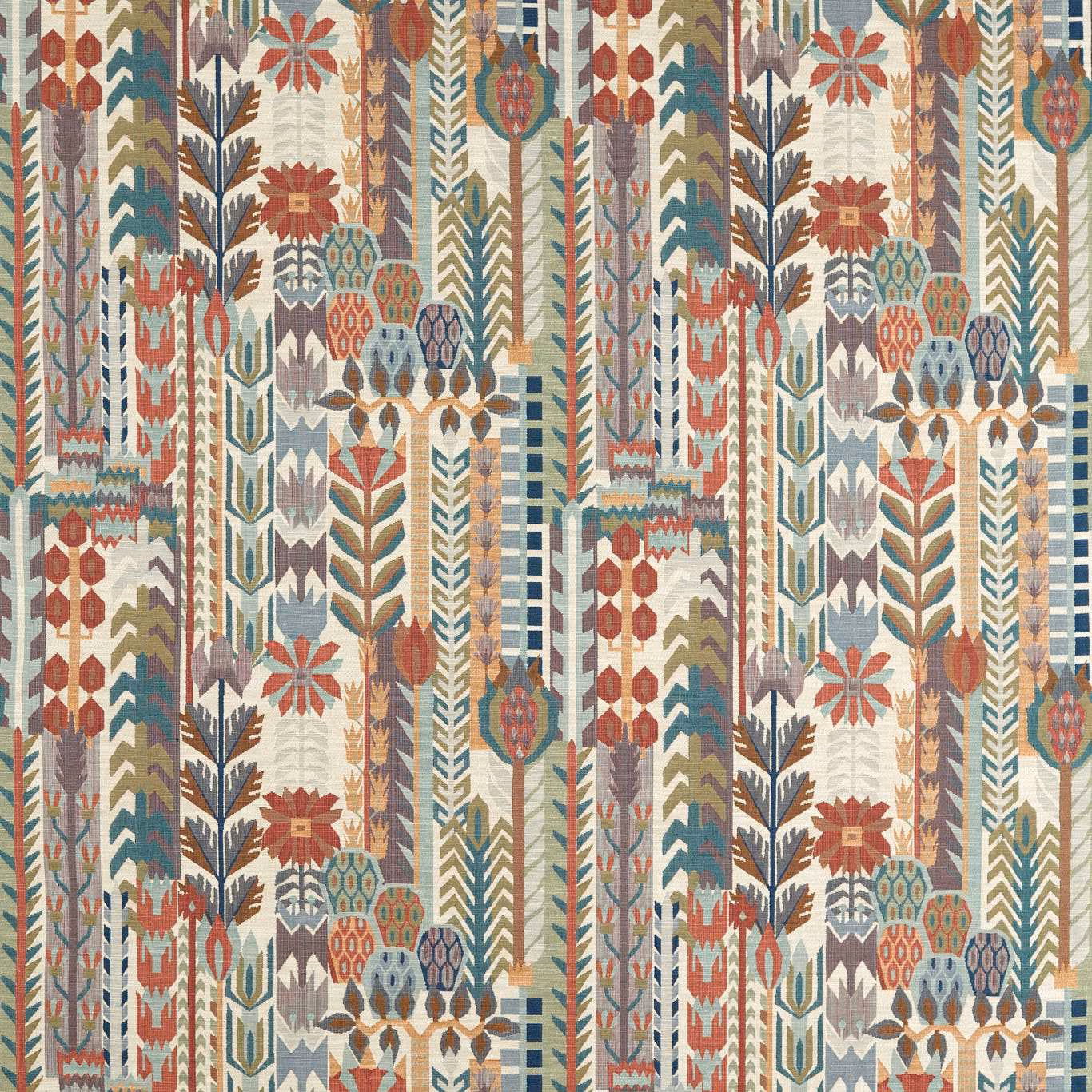 Terracotta, azul and cream woven fabric with geometric botanical stripe motifs