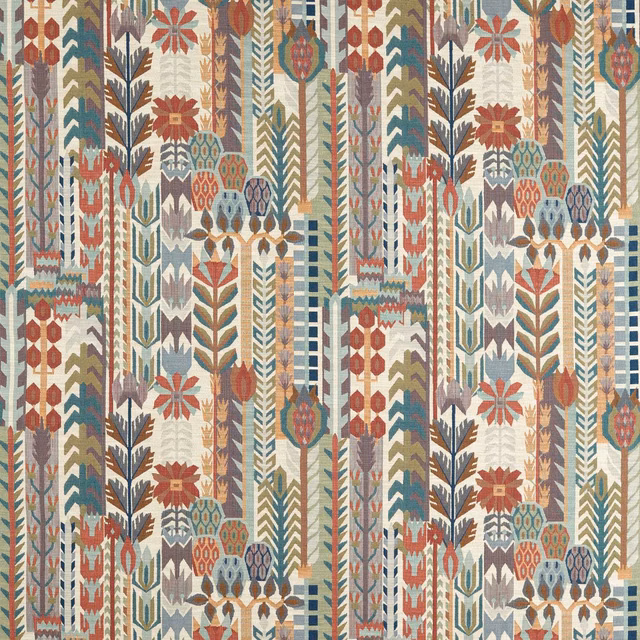 Terracotta, azul and cream woven fabric with geometric botanical stripe motifs