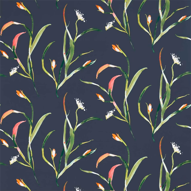 Deep navy fabric with painterly lime stems, coral flowers and orange botanical accents