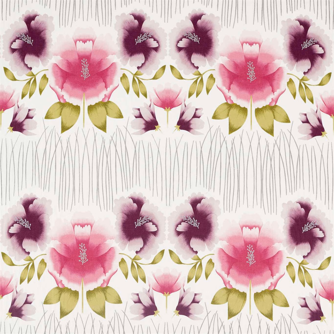 Cerise and plum floral fabric with kiwi leaves on a cream lined ground