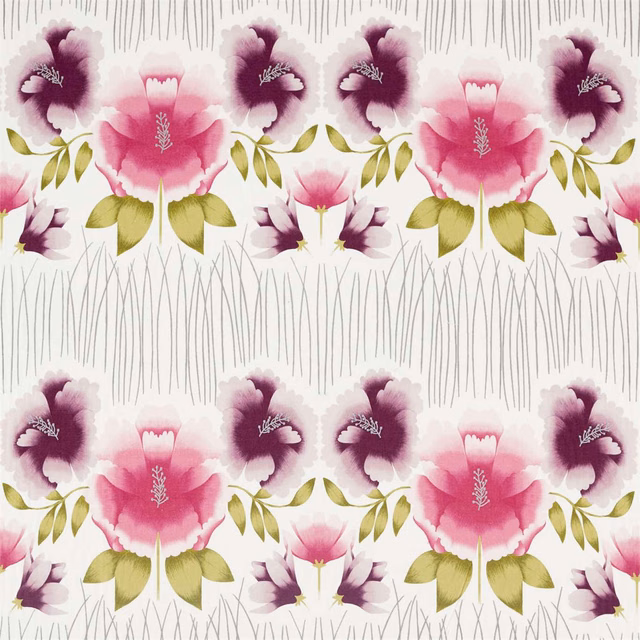Cerise and plum floral fabric with kiwi leaves on a cream lined ground