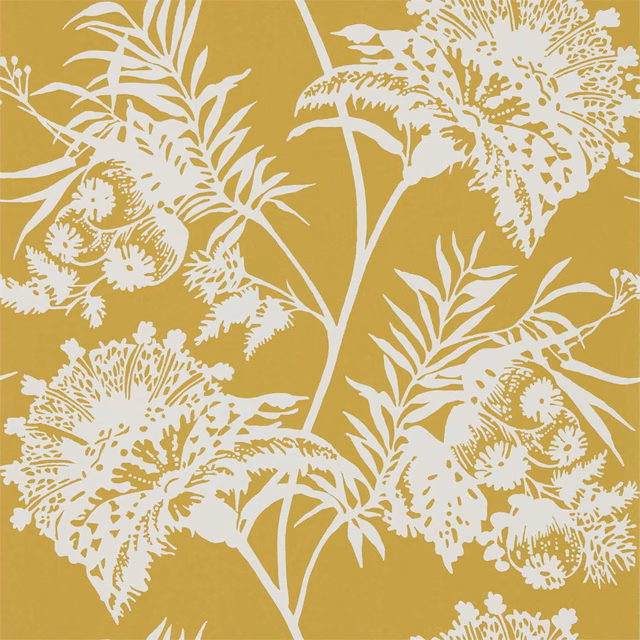 Warm ochre wallpaper with oversized cream floral and leafy botanical silhouettes