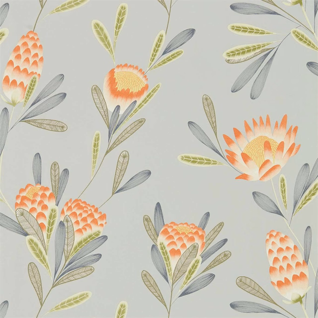 Coral protea-style flowers and olive, blue-grey leaves on a silver-grey ground