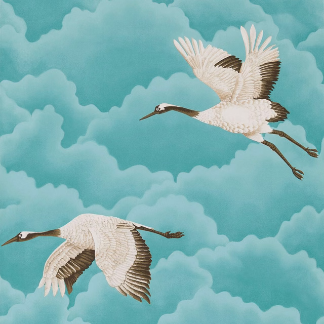 Marine teal wallpaper showing two white cranes flying across layered cloud forms