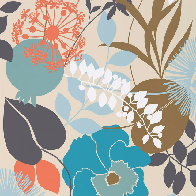 Oversized botanical wallpaper in sky blue, olive, coral and charcoal on cream