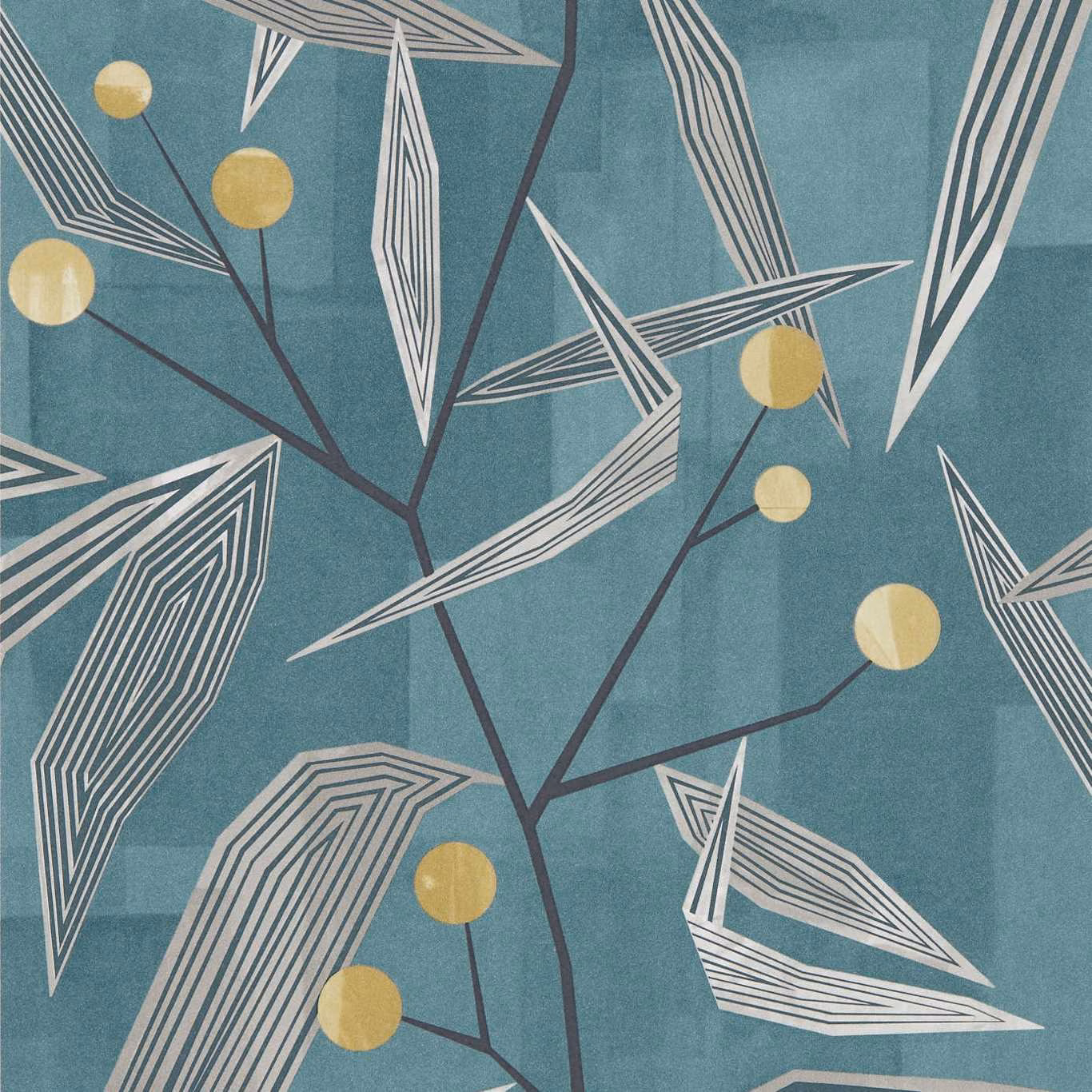 Cool teal wallpaper with ivory angular leaves, mustard circles and dark branching stems
