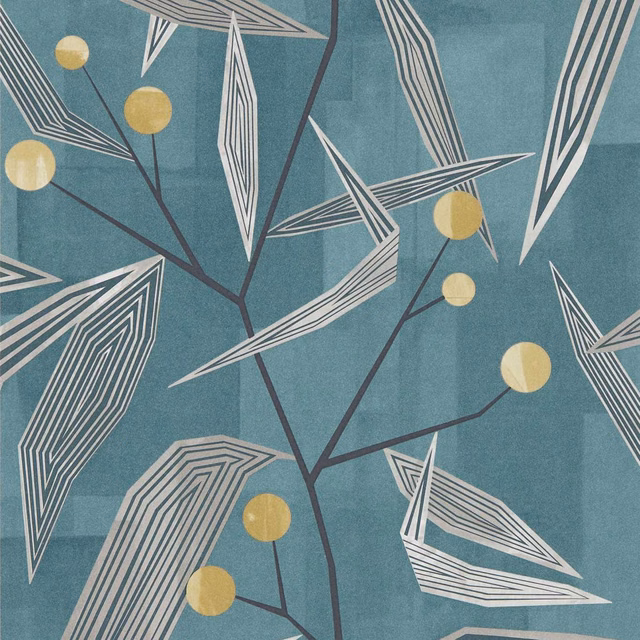 Cool teal wallpaper with ivory angular leaves, mustard circles and dark branching stems