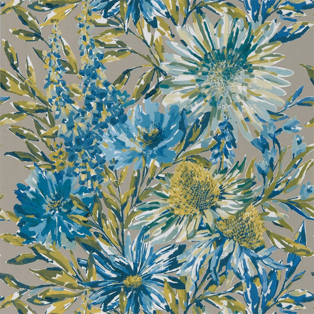 Painterly cornflower and teal flowers with olive leaves on a warm grey ground
