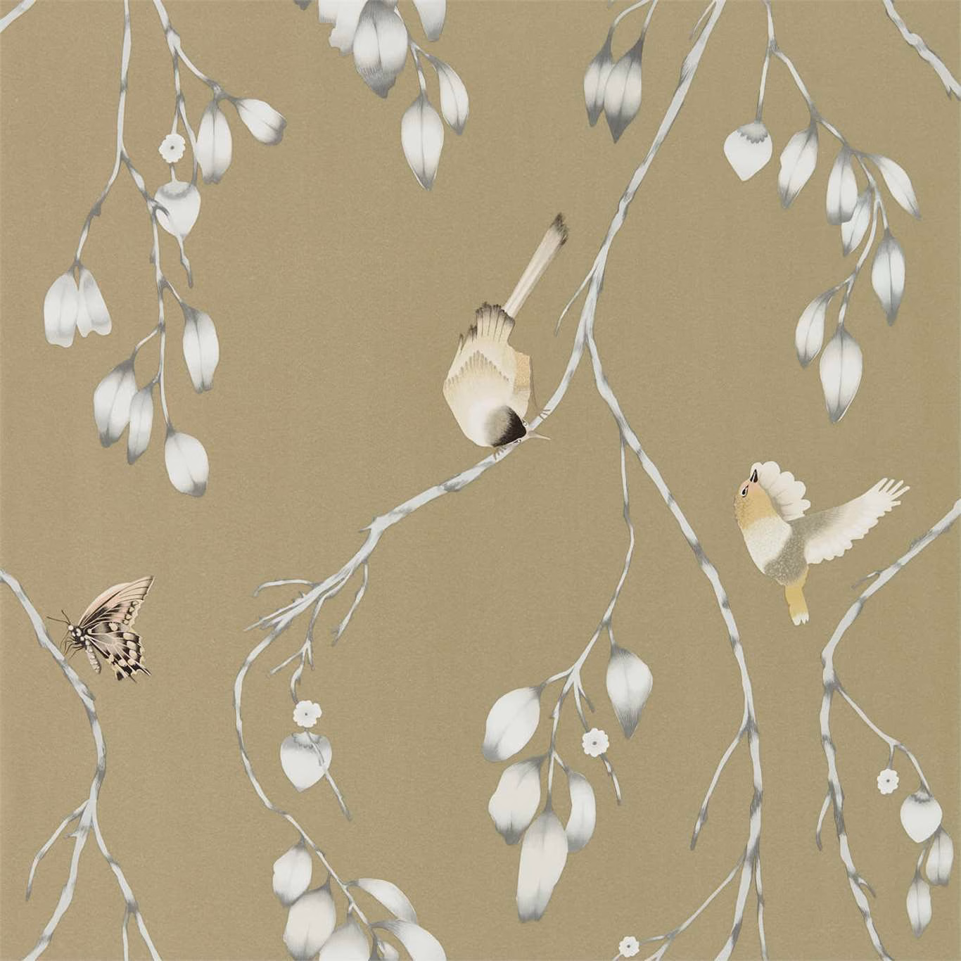 Taupe-blush wallpaper with ivory hanging flowers, birds, branches and a butterfly