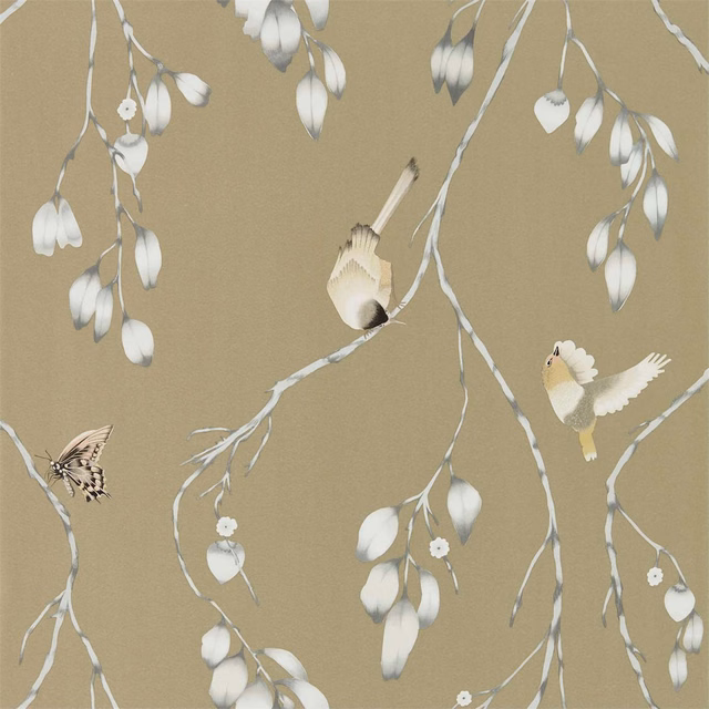 Taupe-blush wallpaper with ivory hanging flowers, birds, branches and a butterfly