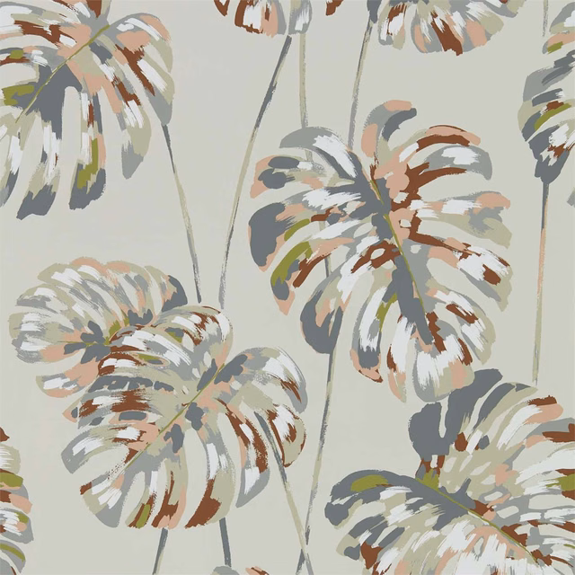 Charcoal and blush painted split leaves on a pale grey-green ground