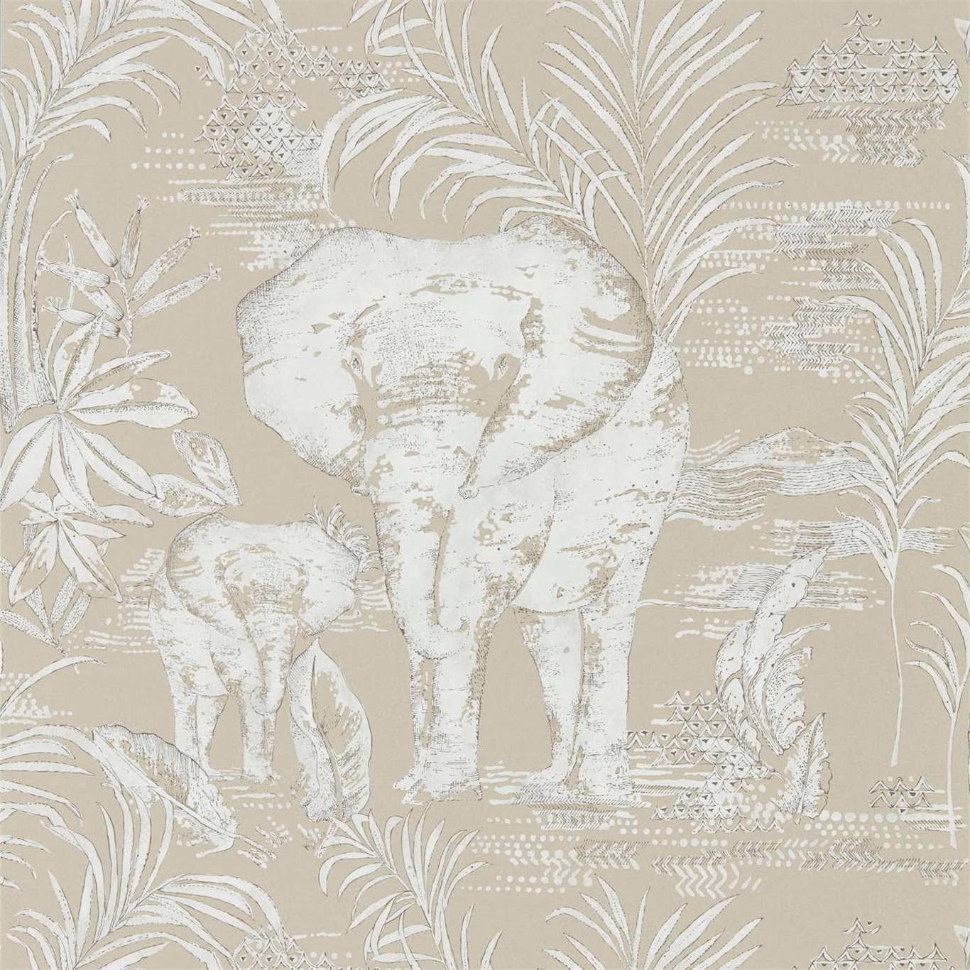 Ivory elephant and palm motif on a softly greige wallpaper ground