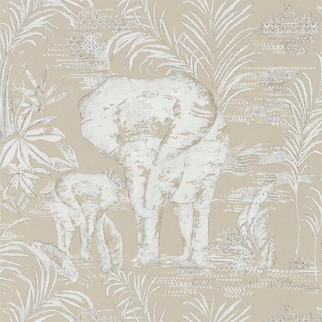 Ivory elephant and palm motif on a softly greige wallpaper ground
