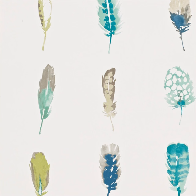 Painterly teal, blue, lime and taupe feather motifs on a pale wallpaper ground
