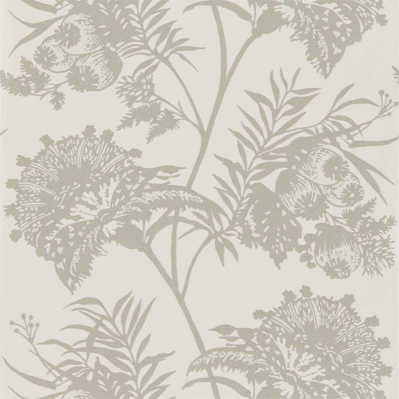 Large taupe-grey flowers and foliage on a softly shimmering ivory botanical wallpaper ground