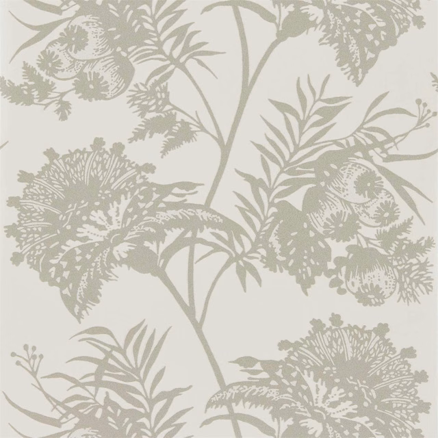 Large taupe-grey flowers and foliage on a softly shimmering ivory botanical wallpaper ground