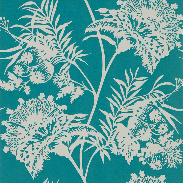 Saturated emerald-teal wallpaper with oversized ivory flowers, fern sprays and winding stems