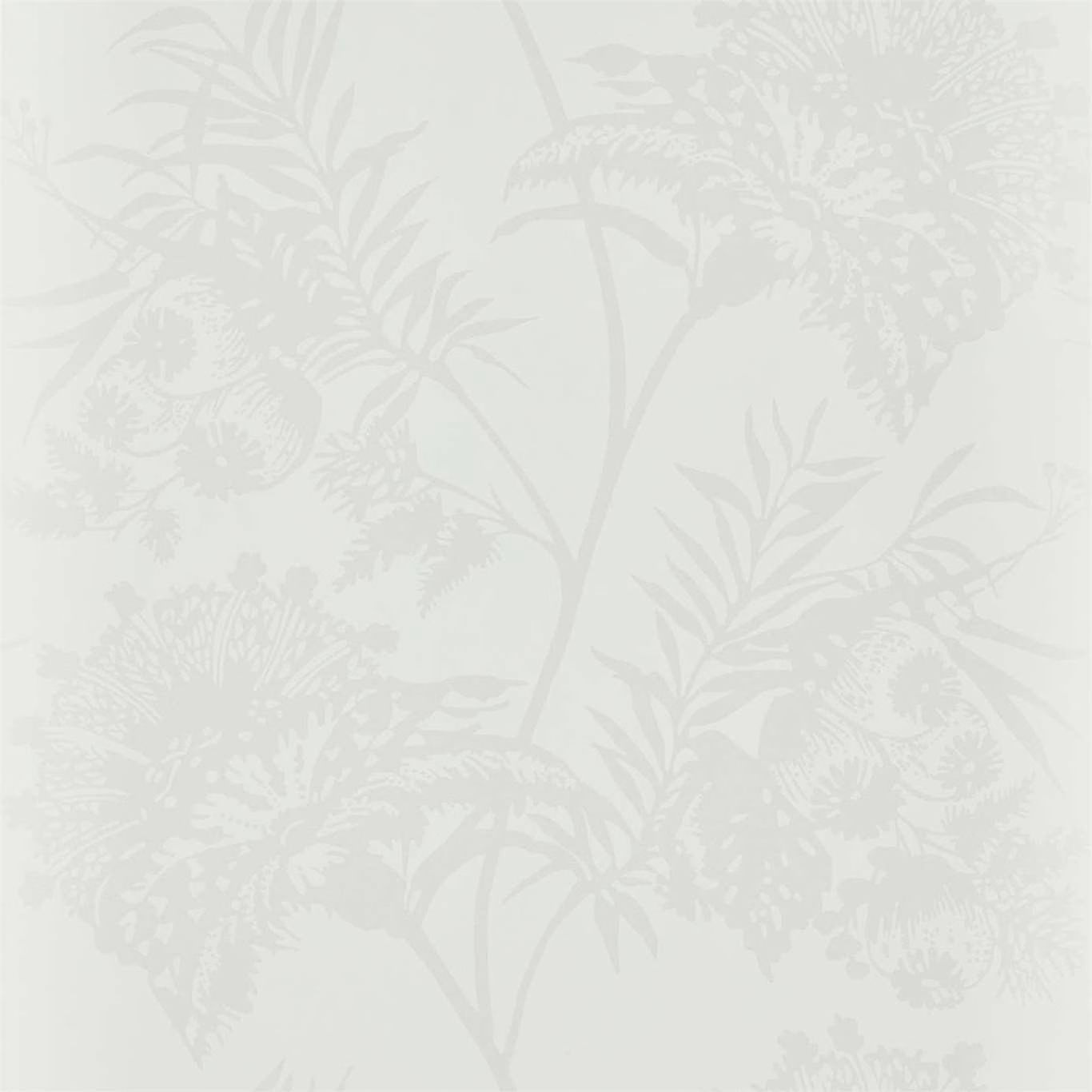 Shell wallpaper with pale grey ferns, stems and rounded botanical blooms