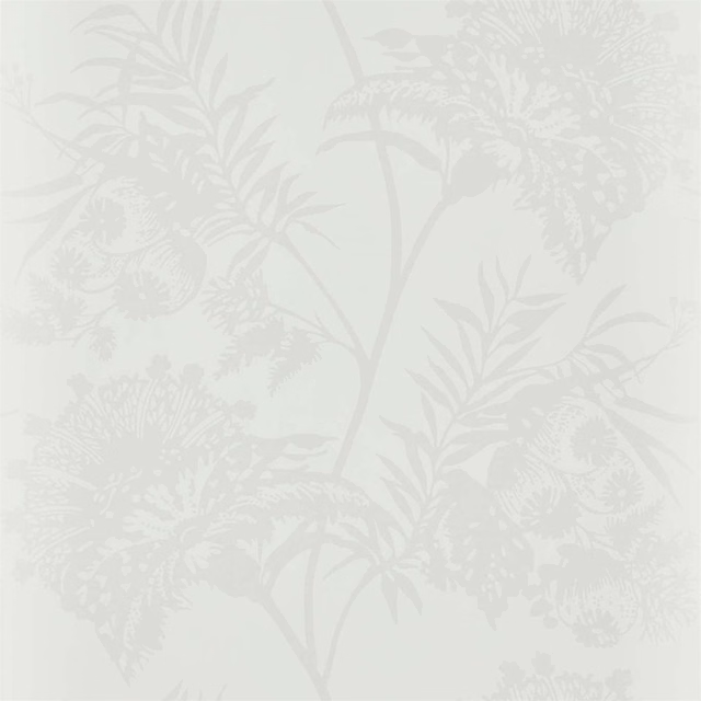 Shell wallpaper with pale grey ferns, stems and rounded botanical blooms