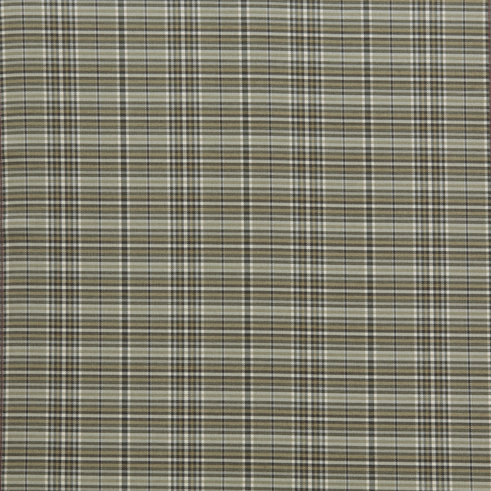 Muted olive and stone checked fabric with fine charcoal grid lines