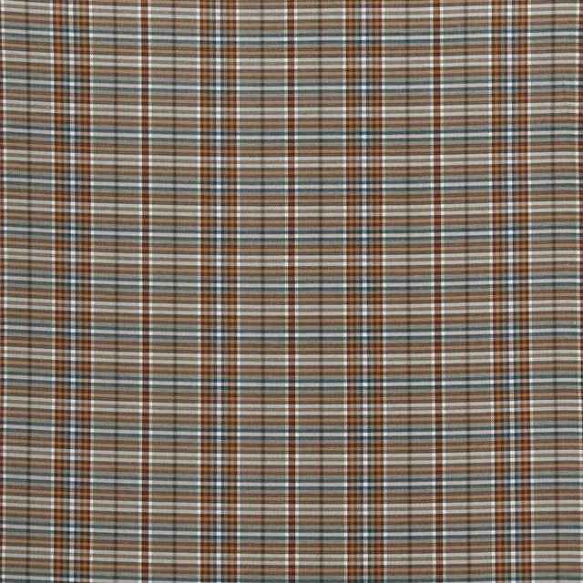 Close-up of a burnt sienna and blue-grey checked woven fabric
