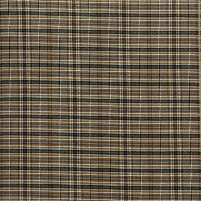 Woven butterscotch check fabric with tan, cream and charcoal stripes