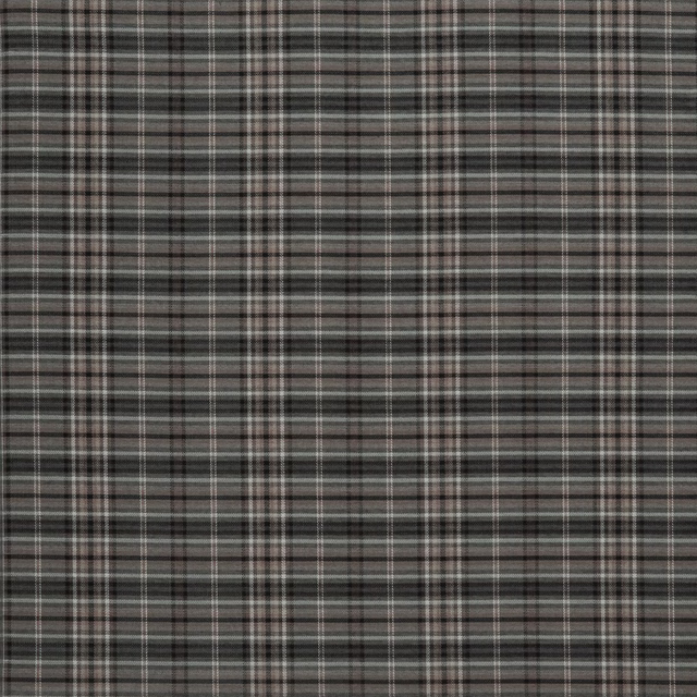 Close-up of a charcoal grey checked woven fabric with fine pale striping