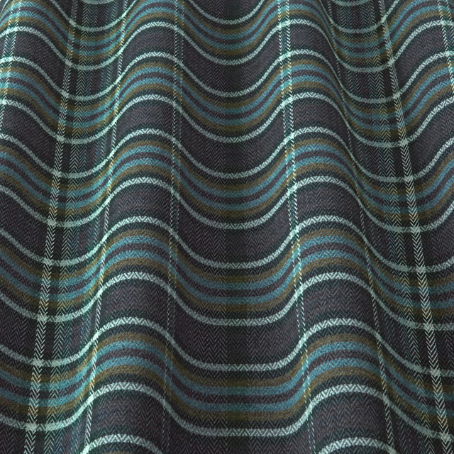 Dark indigo woven fabric with teal wave stripes and herringbone texture