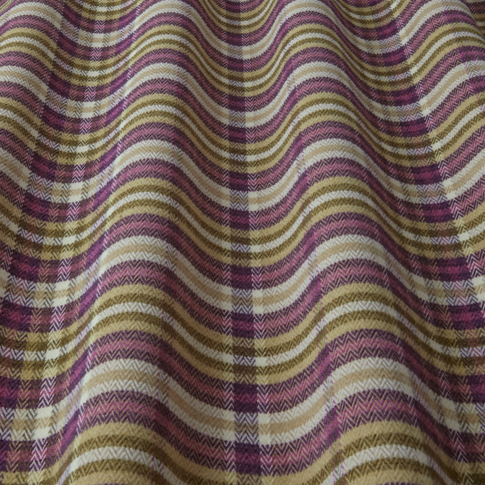 Mulberry, ochre and cream wavy striped woven fabric with herringbone texture