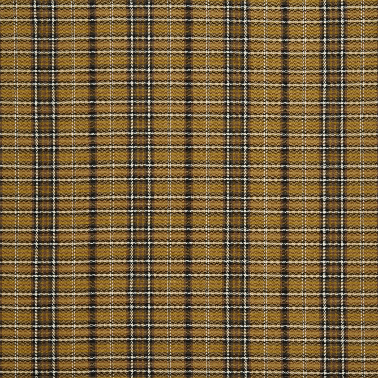 Ochre and black plaid woven fabric with cream pinstripes and warm golden ground
