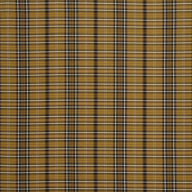 Ochre and black plaid woven fabric with cream pinstripes and warm golden ground