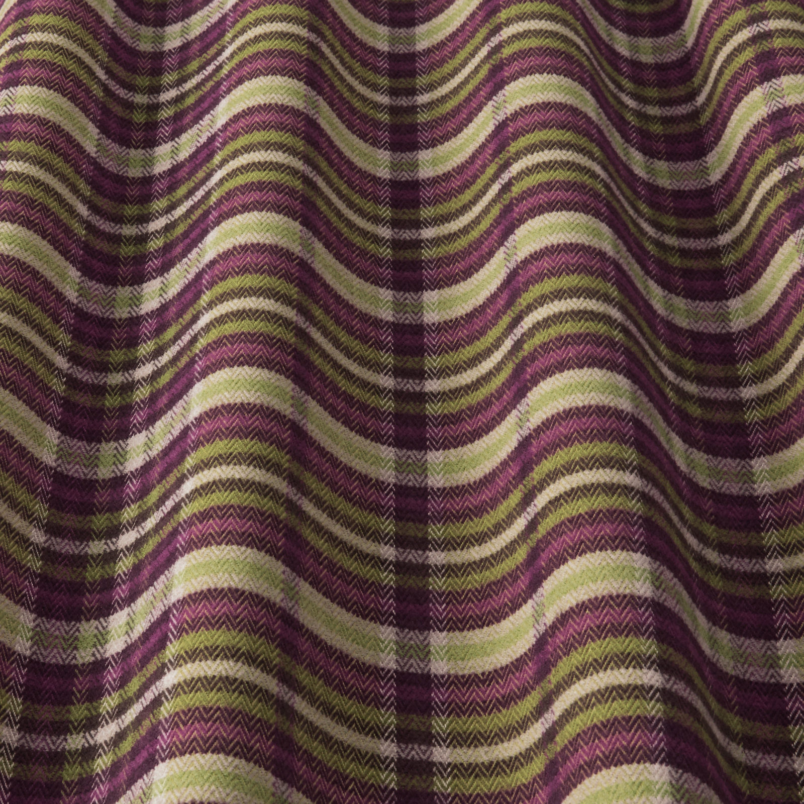 Wavy striped fabric in pistachio green, plum and cream with zigzag weave