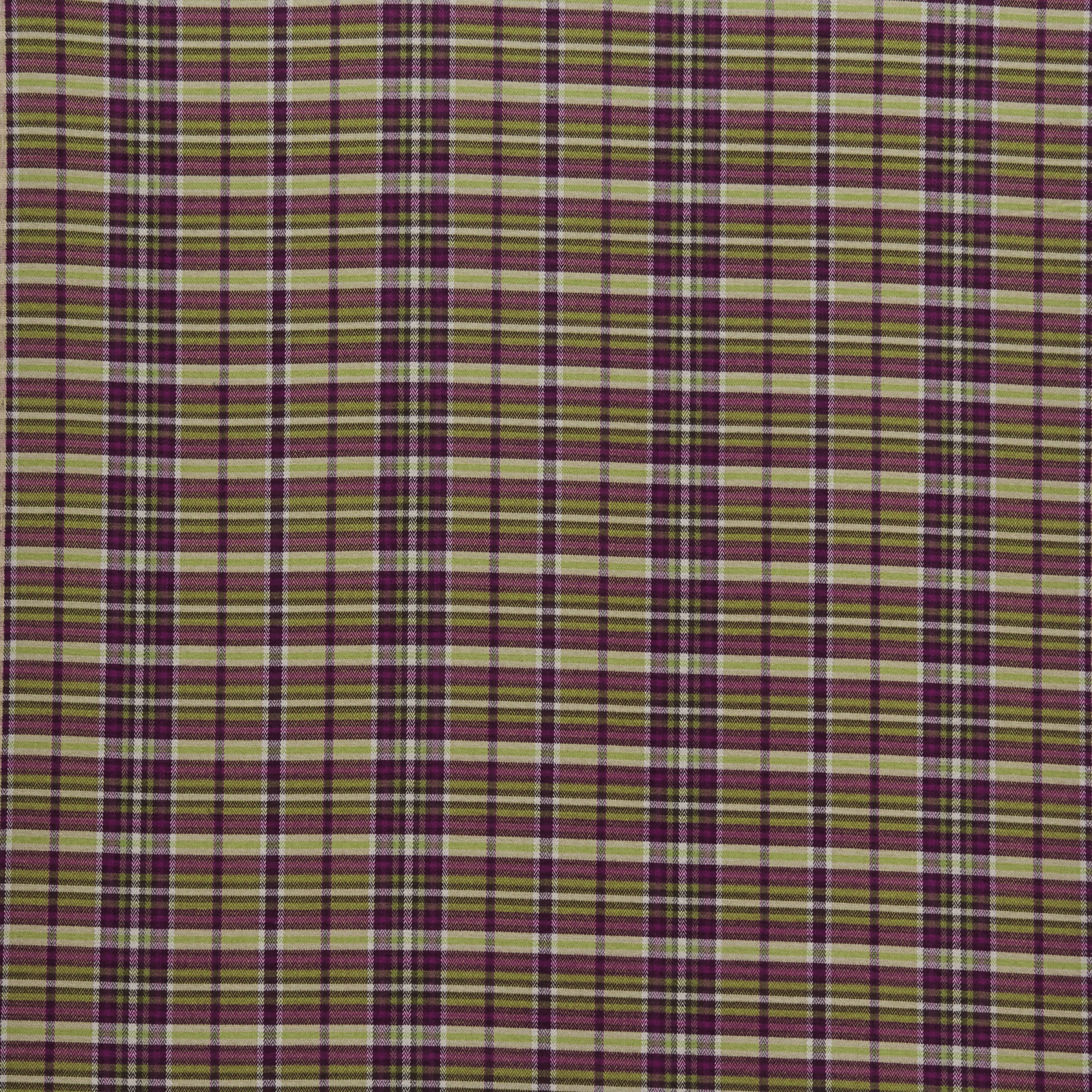 Small pistachio and plum checked woven fabric with fine striped texture