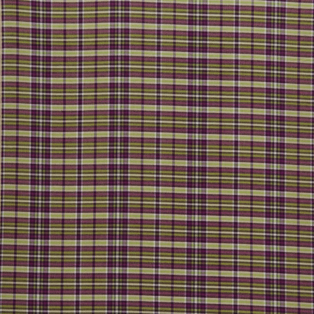 Small pistachio and plum checked woven fabric with fine striped texture