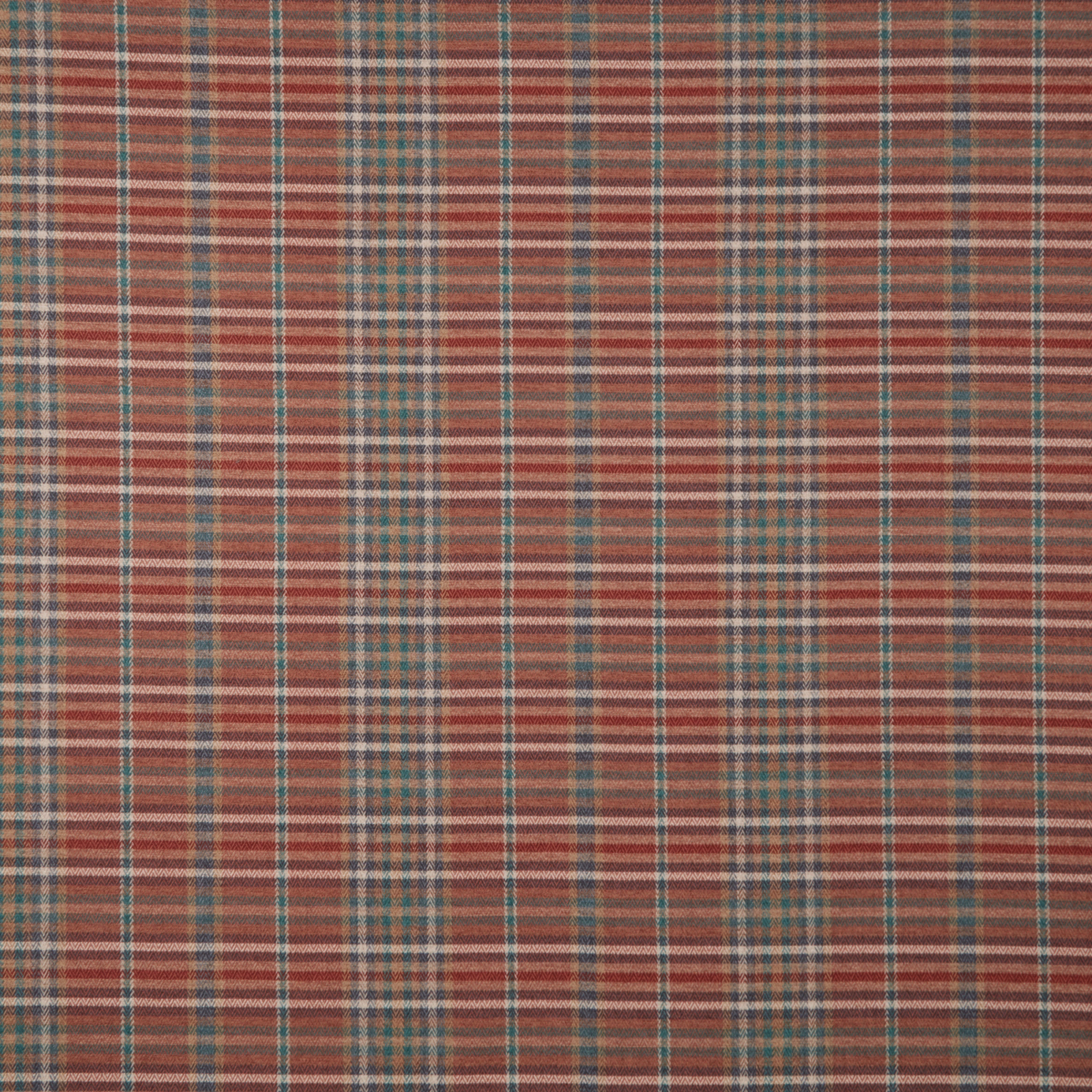 Warm terracotta checked fabric with teal and cream stripe detailing