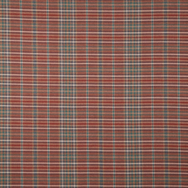 Warm terracotta checked fabric with teal and cream stripe detailing
