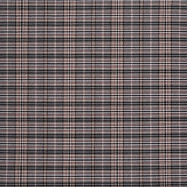 Cool grey checked fabric with fine black and taupe stripes