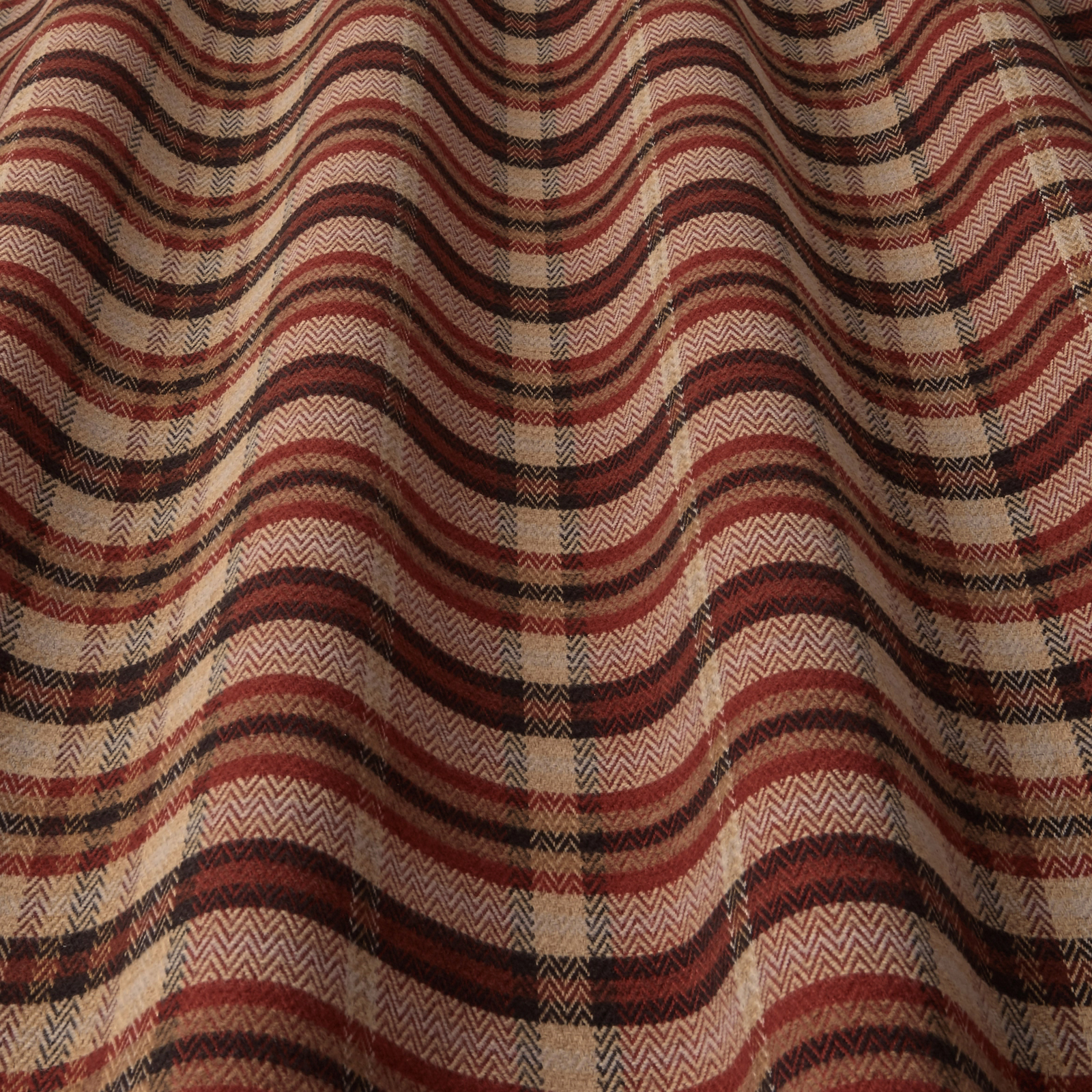 Wine-red and beige wave stripe fabric with herringbone weave texture