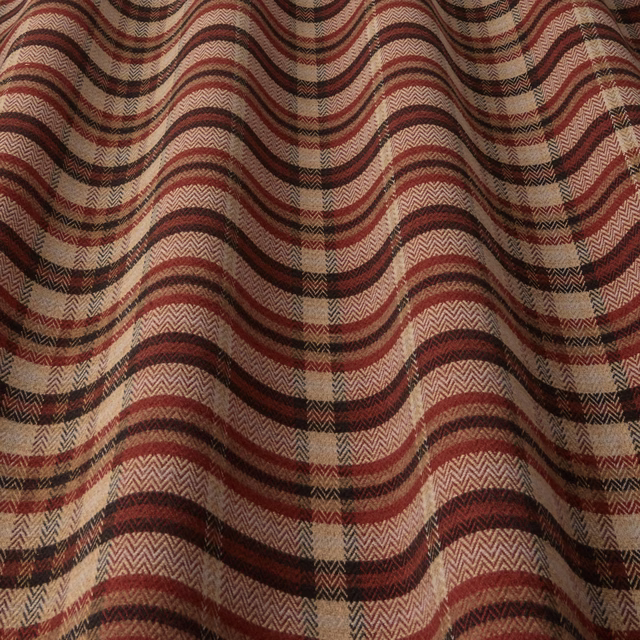 Wine-red and beige wave stripe fabric with herringbone weave texture