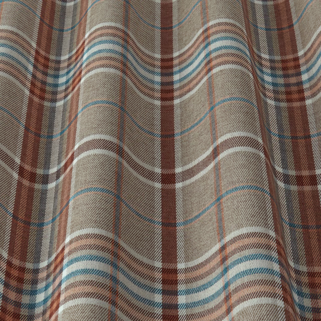 Burnt sienna and taupe plaid fabric with cream and blue stripes