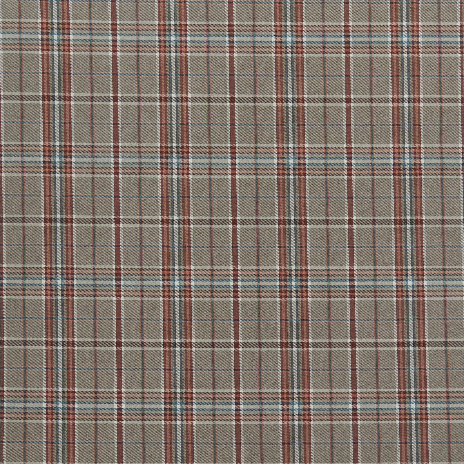 Burnt sienna and taupe plaid upholstery fabric with fine teal lines