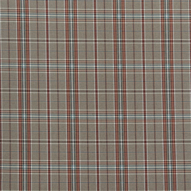 Burnt sienna and taupe plaid upholstery fabric with fine teal lines