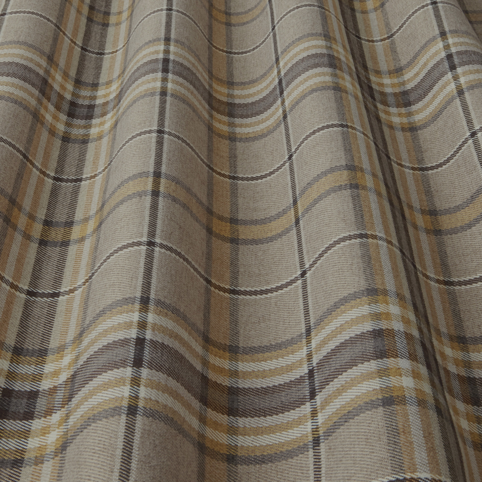 Warm butterscotch and taupe checked woven fabric with broad plaid stripes