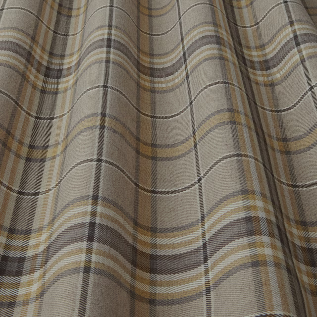 Warm butterscotch and taupe checked woven fabric with broad plaid stripes