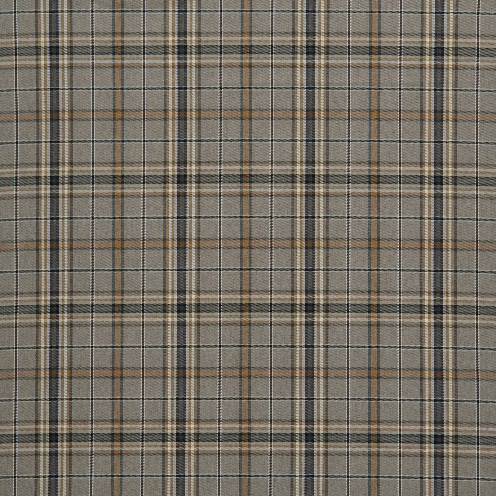 Muted butterscotch and grey tartan check fabric with charcoal stripes